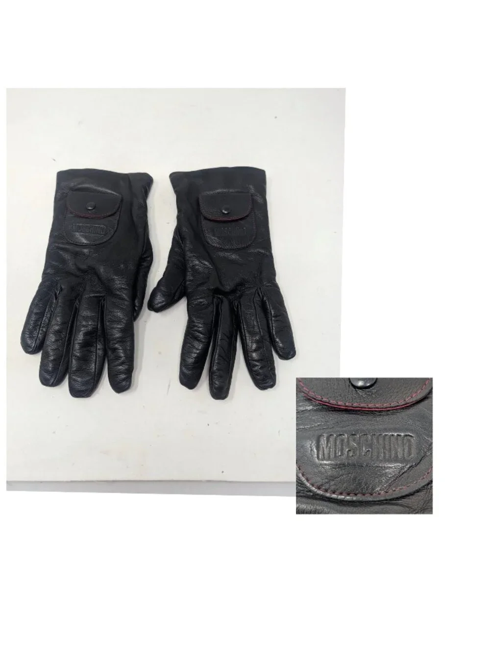 Vintage Y2K Moschino Black Leather Gloves Medium Italy Lambswool